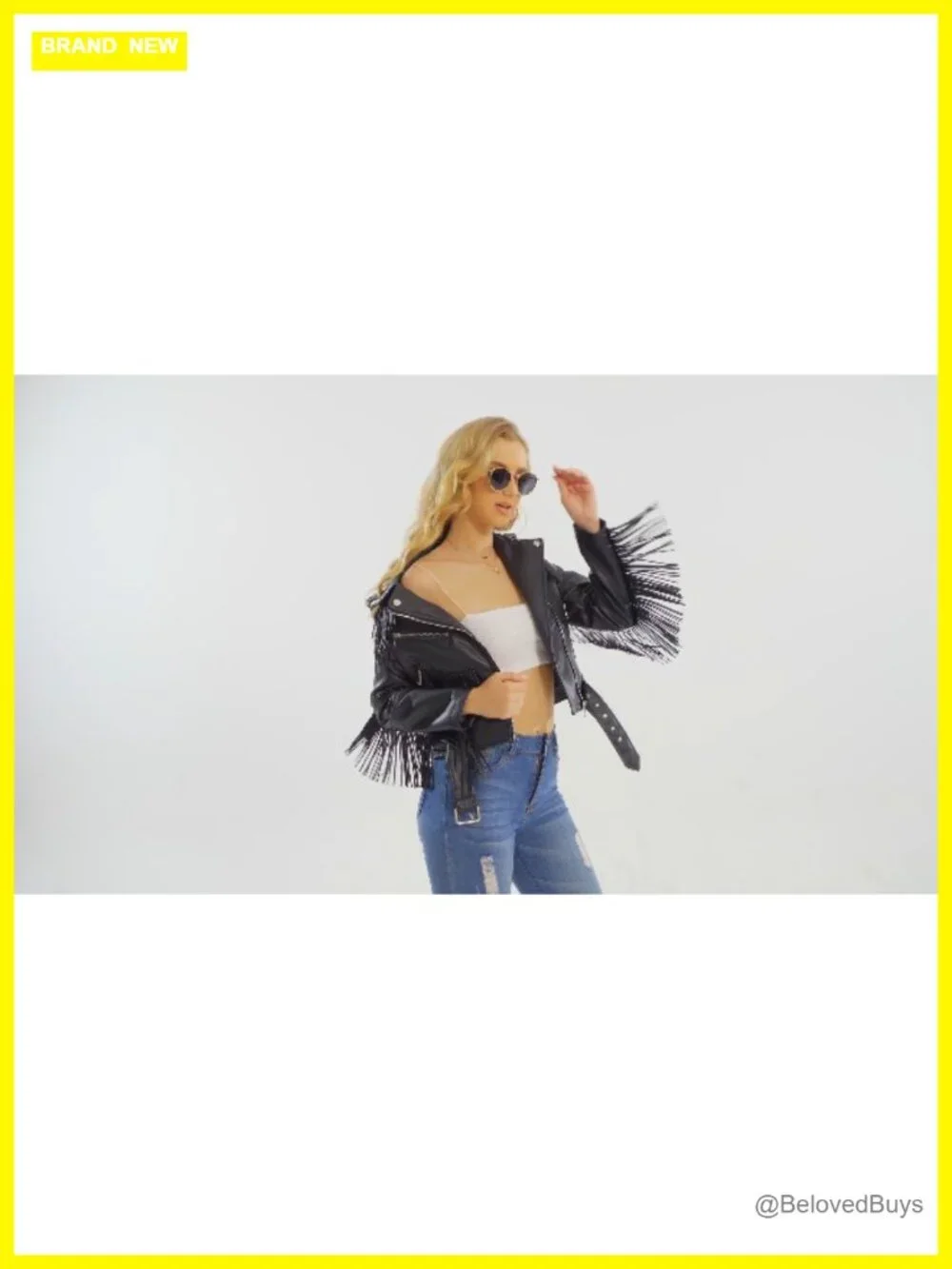 Faux Leather Moto Jacket with Tassel Trim, Belted, Zipper Closure - Picture 7 of 7